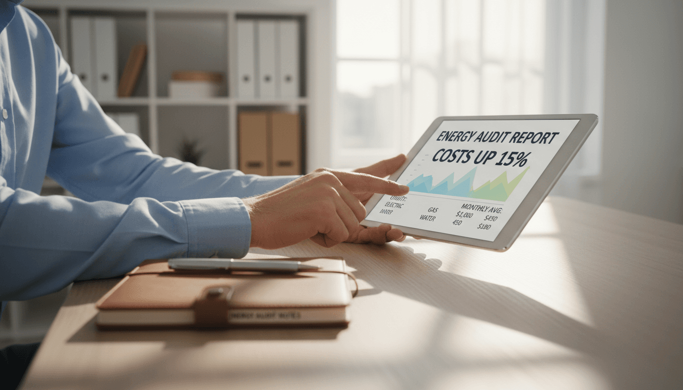 Consultant analyzing utility consumption data and energy billing documents